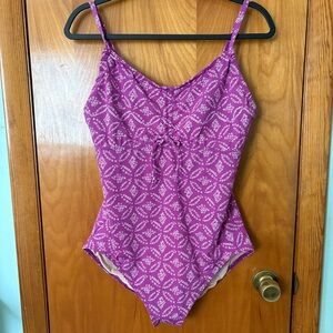 Lands' End Purple Patterned Womens Swimsuit One-Piece Size 14 Bow Detail Wirecup